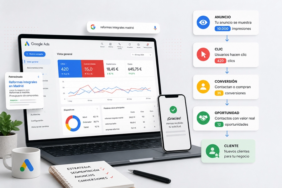 Campaña de Google Ads con métricas, conversiones y proceso de captación de clientes